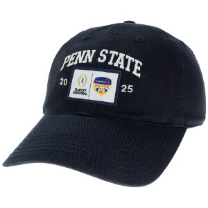 navy hat Penn State arched above CFP Semifinal & Capital One Orange Bowl logos and 2025